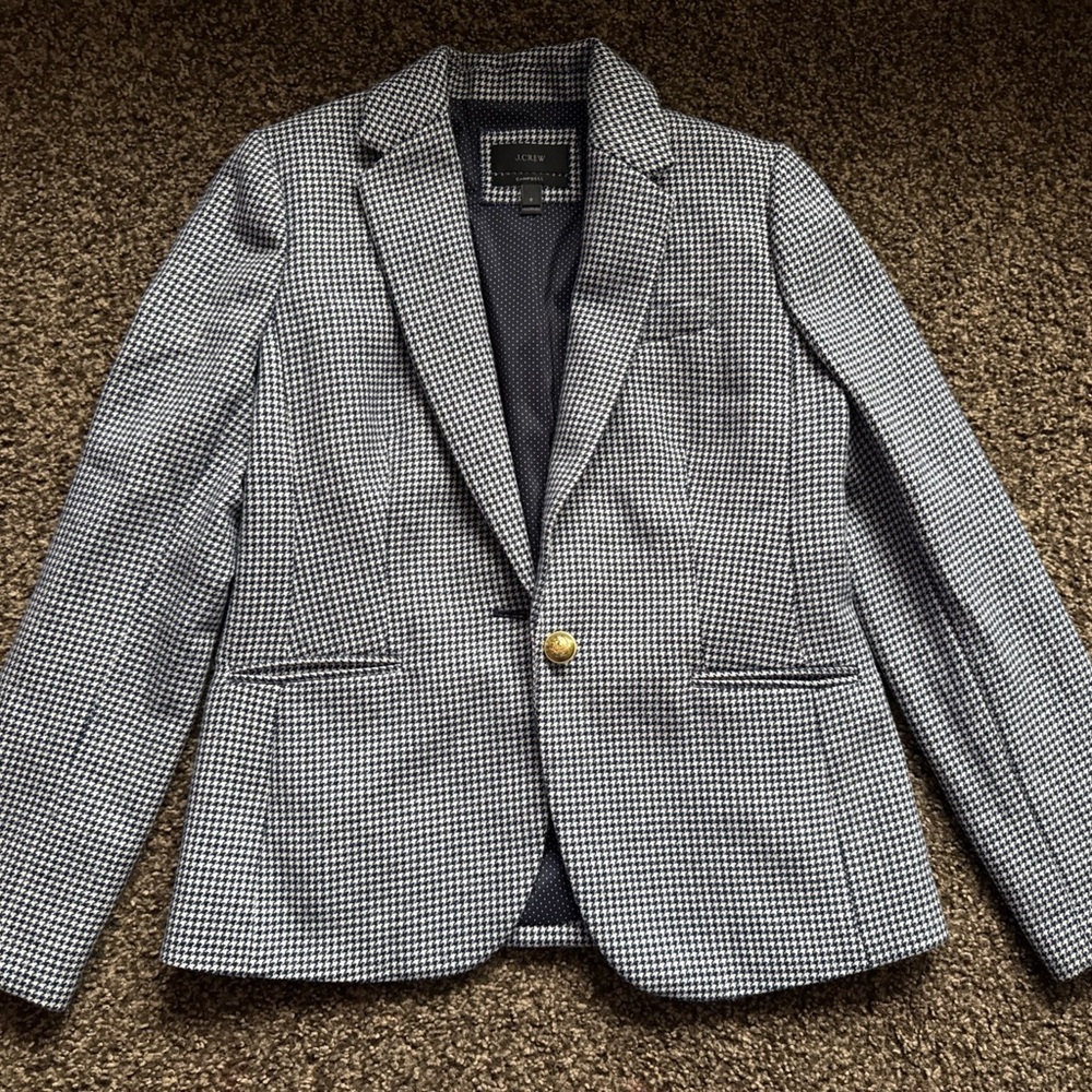 J. Crew Campbell Houndstooth Navy Blazer Women’s Size 8 Wool Blend Gold Buttons